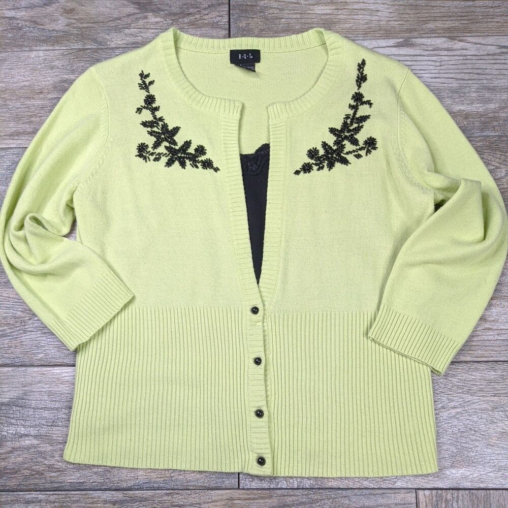 R.Q.T Cardigan 90s Bead Sequins Green Built In Black Cami Size L